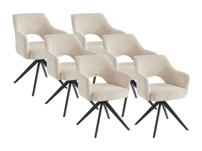 Set of Six Swivel Dining Chairs With Armrests in Cream Corduroy Velvet and Black Metal Base