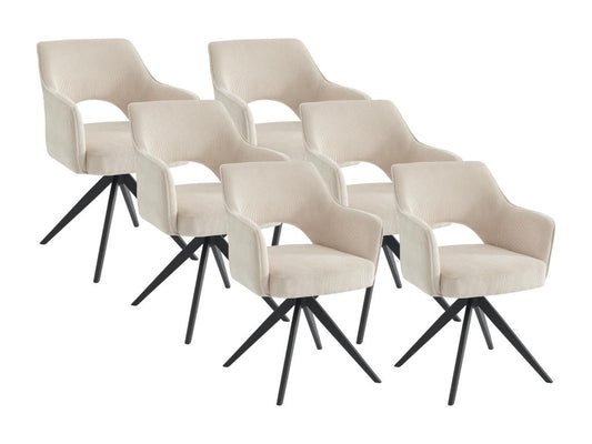 Set of Six Swivel Dining Chairs With Armrests in Cream Corduroy Velvet and Black Metal Base