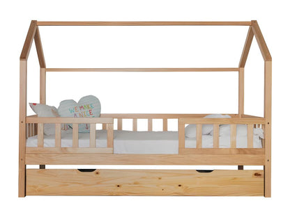 Pine Wood Cabin Bed With Guard Rails And Folding Legs 90x190cm Beige Finish For Kids And Guest Rooms