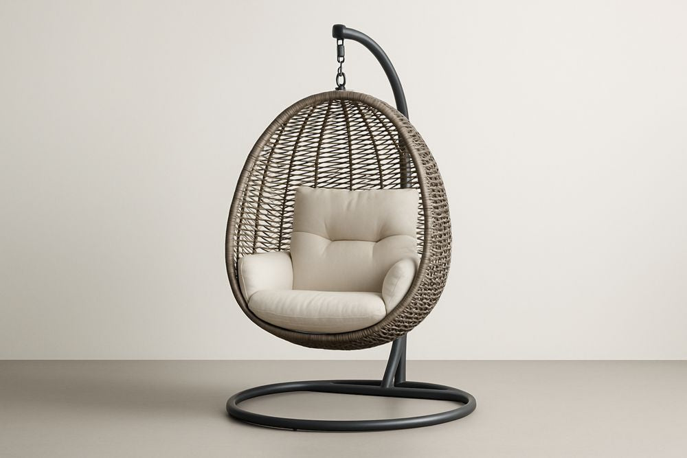 Resin Hanging Chair With Cream Cushions And Steel Frame For Outdoor Patio 198x98x98 cm