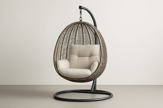 Resin Hanging Chair With Cream Cushions And Steel Frame For Outdoor Patio 198x98x98 cm