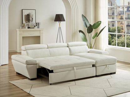 Zenmobilier Leather Convertible Corner Sofa Bed White With Storage And Cowhide Upholstery Right Angle
