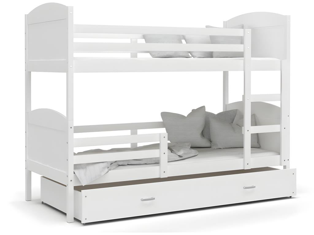White Bunk Bed 80x160 Cm With Slats, Drawer, And 7 Cm Foam Mattress Included