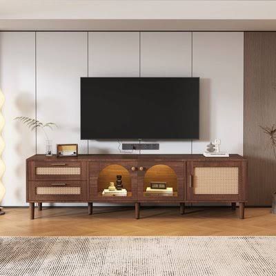 Brown 180 cm Media Console With Two Rattan Front Drawers Three Doors LED Lighting Height Adjustable Feet