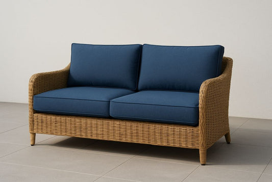 Wicker Garden Sofa Two Seater With Blue Polyester Cushions And Polyethylene Frame Outdoor