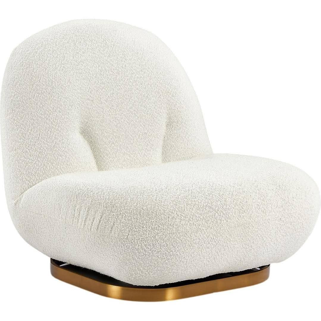 White Boucle Swivel Chair With 360 Degree Rotation Upholstery