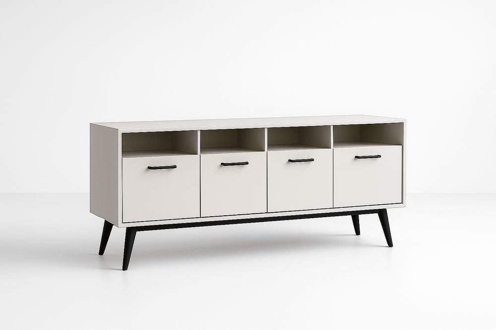 White MDF Rectangular Buffet Cabinet With Black Steel Legs Four Doors 180x45x80 Cm