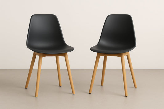 Black Plastic Chairs With Beech Wood Legs Set Of 2, 82cm High Modern Dining Chairs