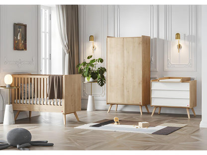 Vintage White Wood Floor Standing Baby Bedroom Set With Crib Three Drawer Dresser And Two Door Wardrobe