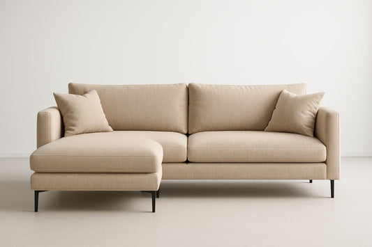 Beige Polyester Fabric Sectional Sofa With Black Metal Legs And Chaise Lounge Sturdy Steel Frame