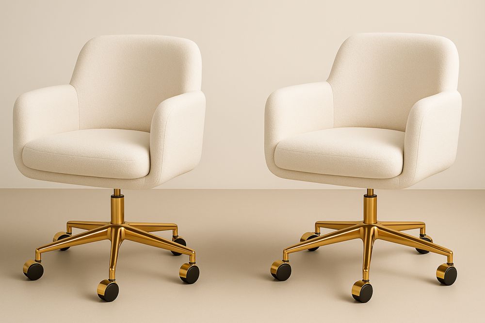 Set of 2 Office Chairs With White Polyester Upholstery And Solid Wood Base Swivel Height Adjustable