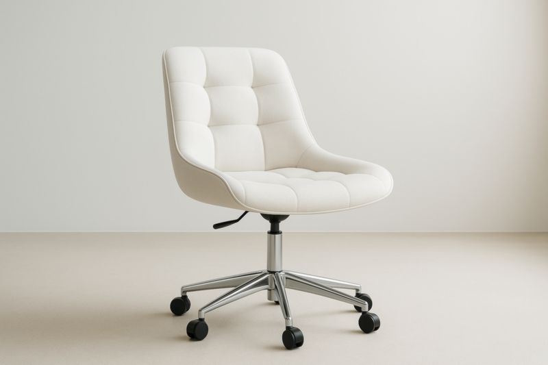 White Polyester Office Chair With Stainless Steel Base Swivel Rolling Ergonomic Foam Seat