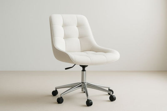 White Polyester Office Chair With Stainless Steel Base Swivel Rolling Ergonomic Foam Seat
