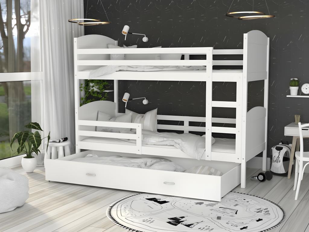 White Bunk Bed 80x160 Cm With Slats, Drawer, And 7 Cm Foam Mattress Included
