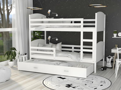 White Bunk Bed 80x160 Cm With Slats, Drawer, And 7 Cm Foam Mattress Included