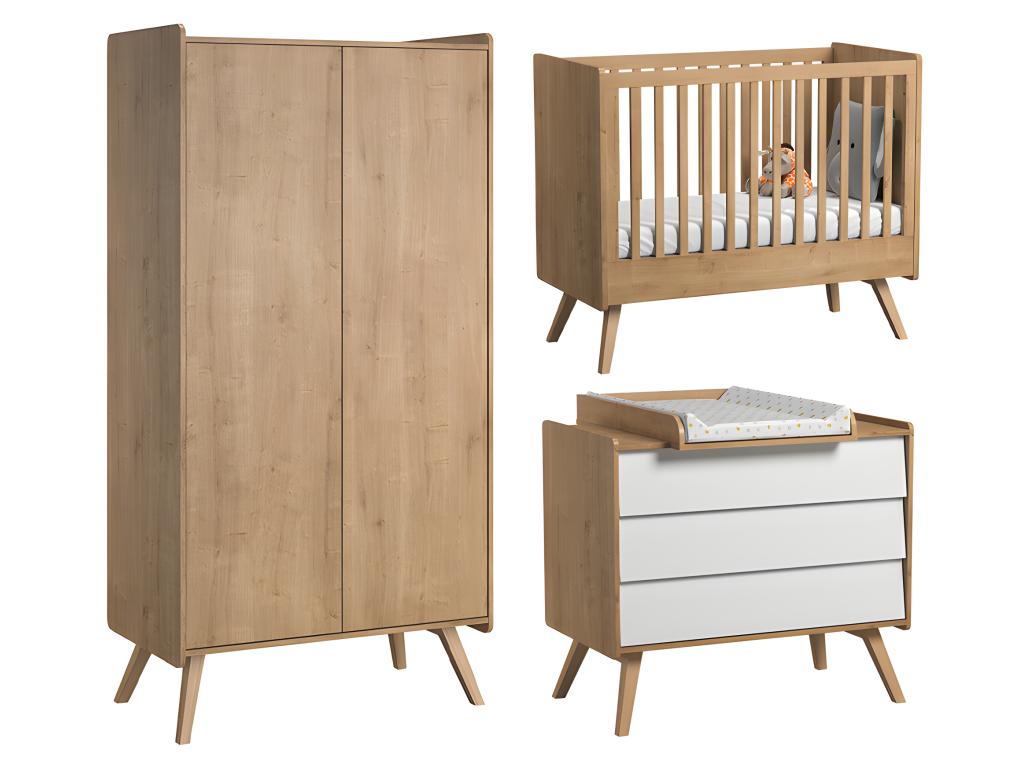 Vintage White Wood Floor Standing Baby Bedroom Set With Crib Three Drawer Dresser And Two Door Wardrobe