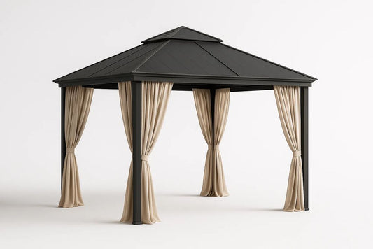 Black Metal Garden Pavilion 3x3m With Beige Curtains Weather Resistant For Outdoor Use