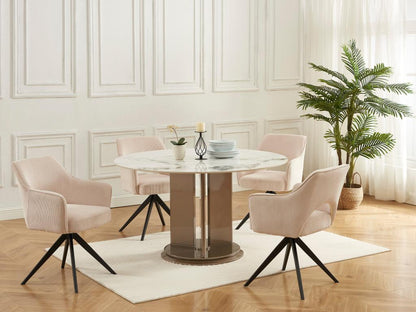 Set of Six Swivel Dining Chairs With Armrests in Cream Corduroy Velvet and Black Metal Base