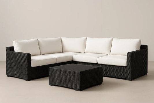 Resin Wicker Corner Sofa Set With Black Frame And White Polyester Cushions Foam Filled For Comfort