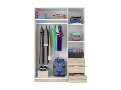 Homeolia Wardrobe 3 Doors 3 Drawers 3 Shelves Hanging Rod 135 WX 52 DX 200 H cm Oak Brown