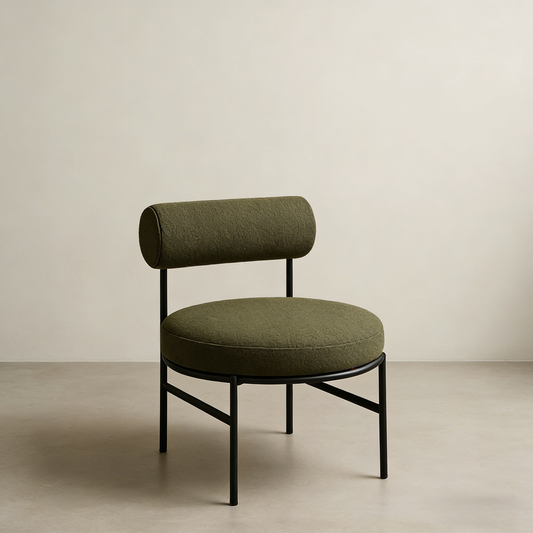 Olive Green Bouclé Armchair With Stainless Steel Frame, Padded Polyurethane Seat