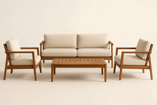 Outdoor Acacia Wood Lounge Set Beige Cushions With Table One Double Sofa And Two Armchairs