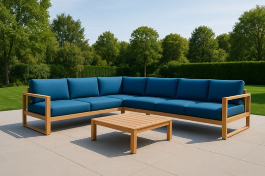 Oak Wood Outdoor Lounge Set With Blue Cushions Solid Frame And Table For Garden Patio
