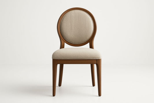 Oak Wood Dining Chair With Beige Polyester Upholstery For Seat And Back Solid Wood Frame