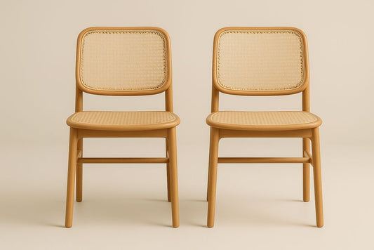 Timbercraft Solid Wood Dining Chairs With Beige Cane Seats And Backrests, Natural Finish, 85x45x40 cm