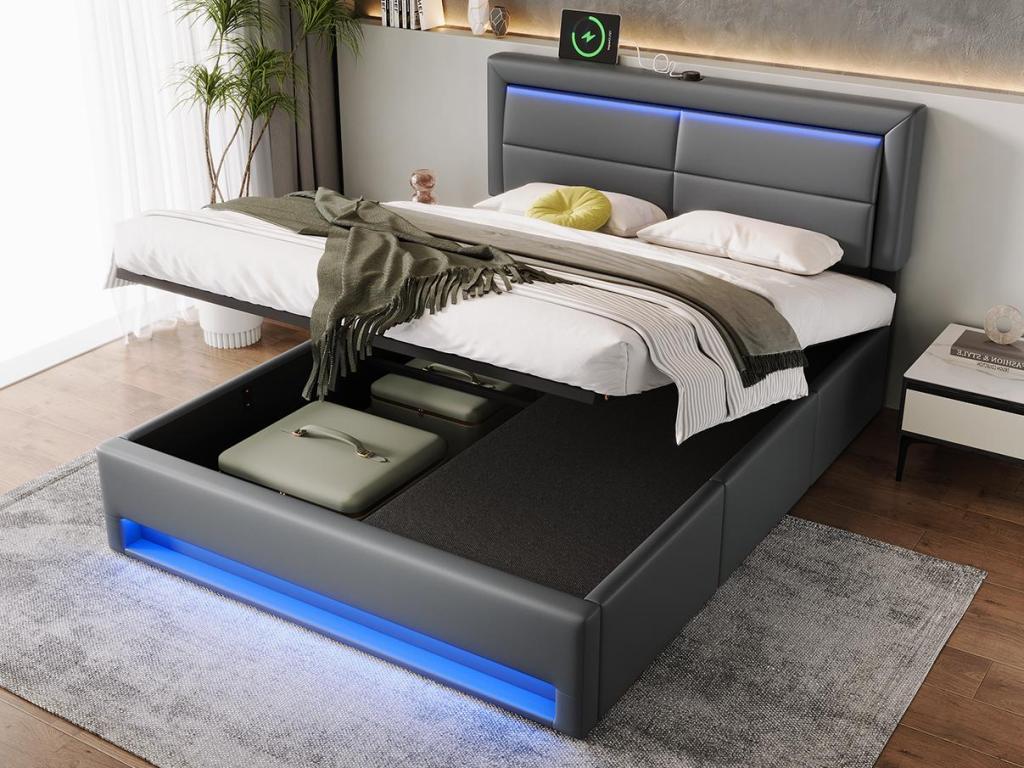 Gray Faux Leather Storage Bed With Drawers 140x190 LED USB