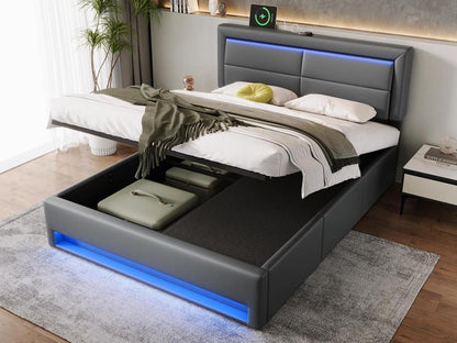 Gray Faux Leather Storage Bed With Drawers 140x190 LED USB