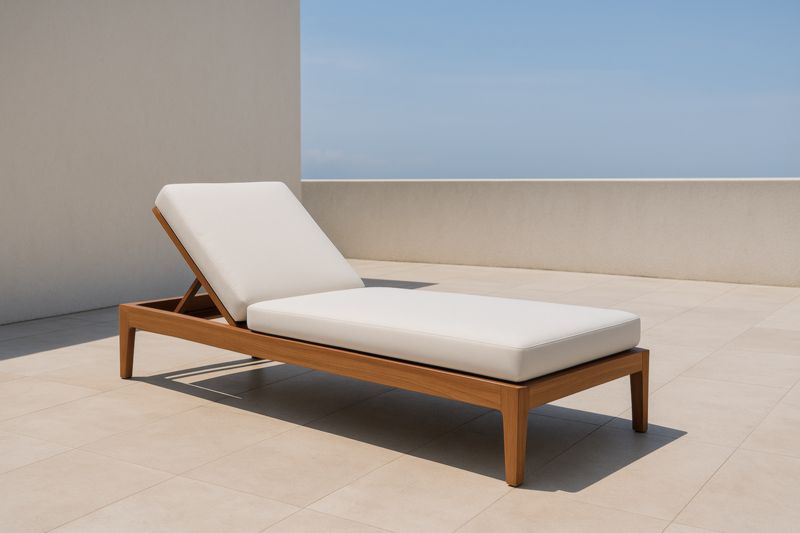 Teak Chaise Longue With Adjustable Backrest And White Cushion, 200 Cm Long, 70 Cm Wide