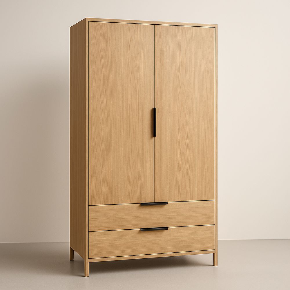 Light Oak Veneer Wardrobe With Two Drawers