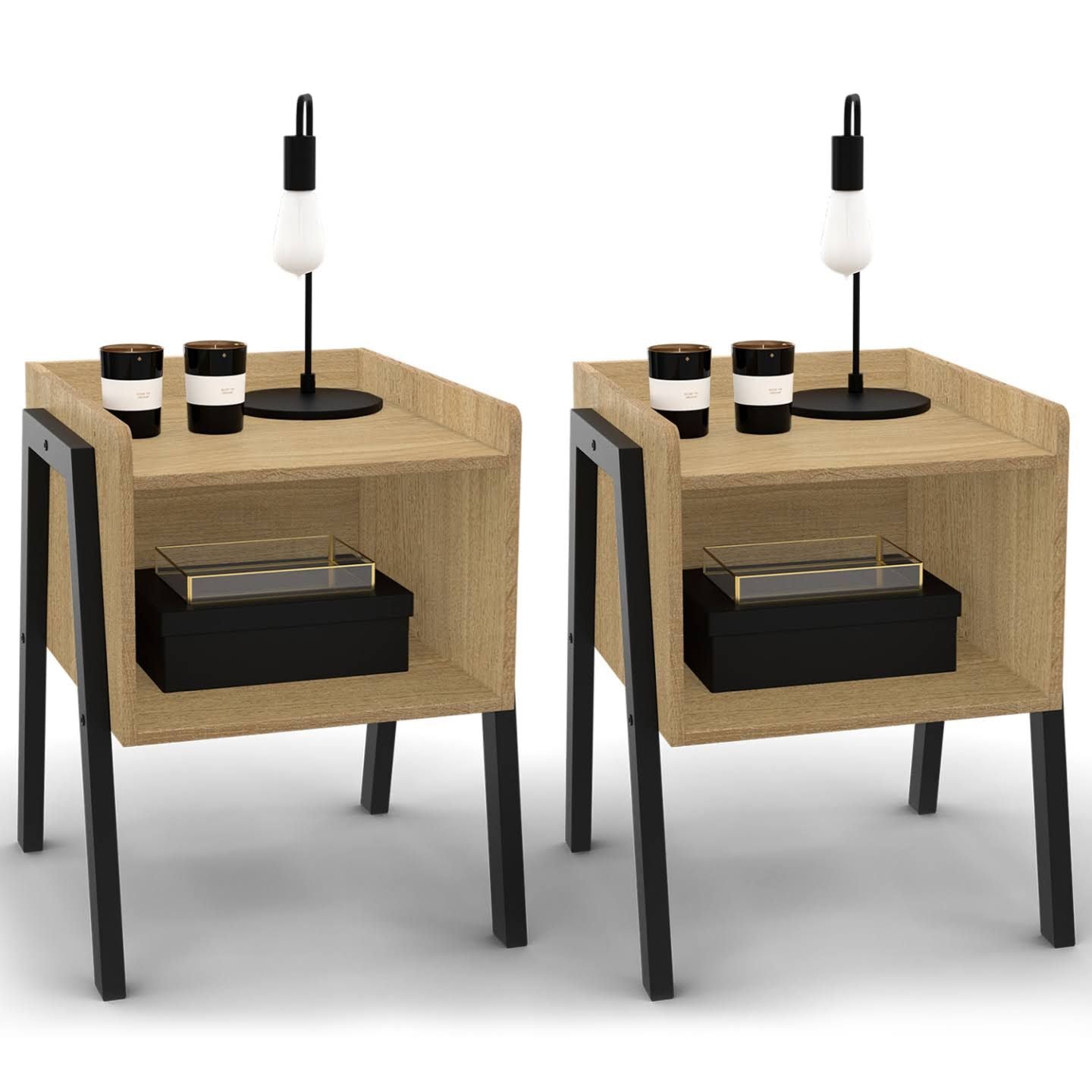 Two Bedside Tables Set With Wood Storage Niche And Black Metal Legs Industrial Design