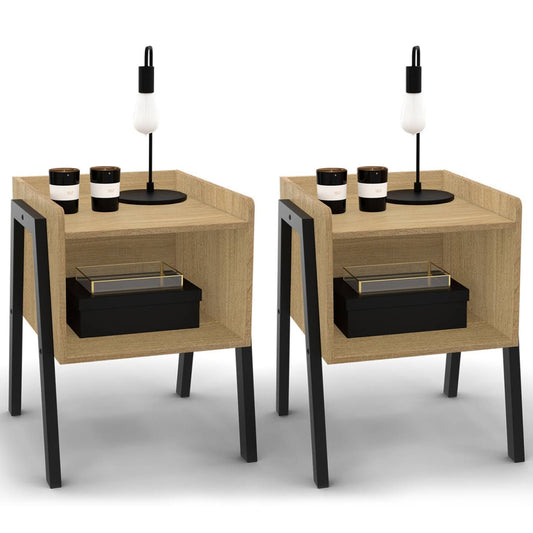 Two Bedside Tables Set With Wood Storage Niche And Black Metal Legs Industrial Design