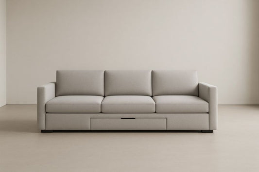 Three Seat Beige Polyester Fabric Sofa With Built In Storage And Oak Frame With Durable Polyurethane Foam Cushions