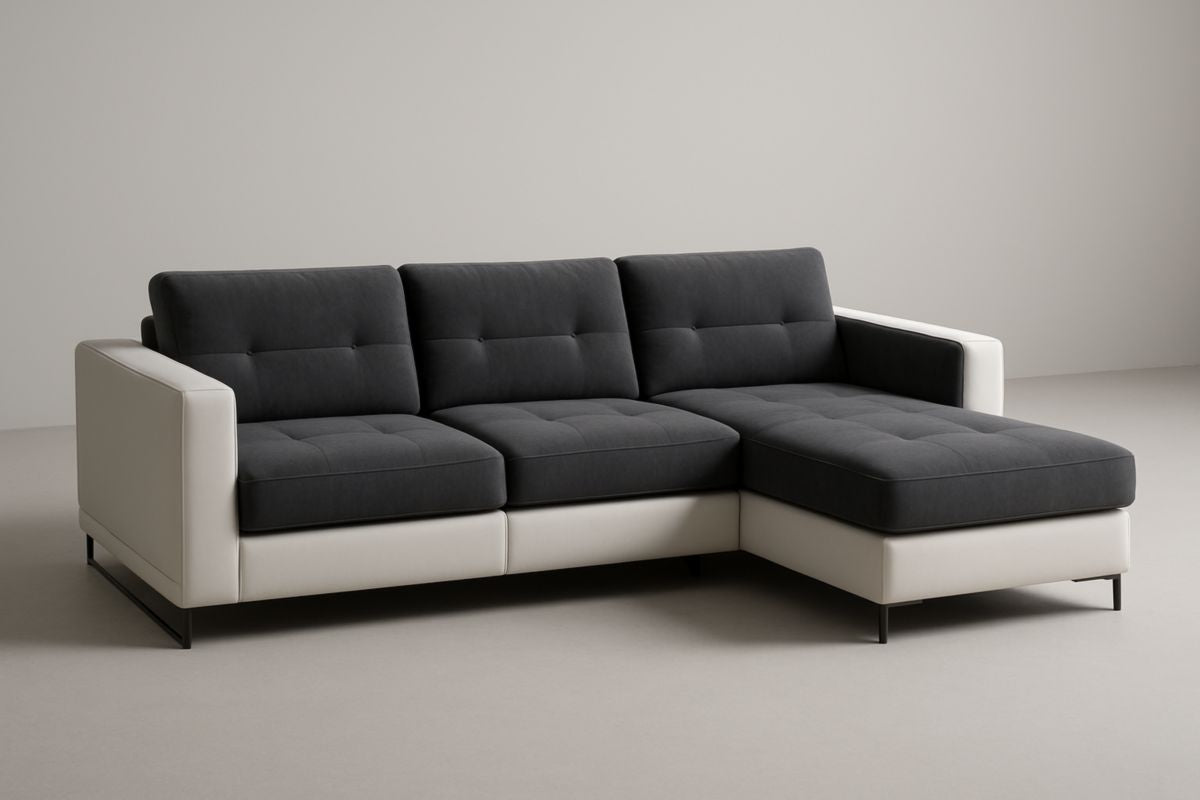 Modular L-Shaped Sofa White Faux Leather Frame With Anthracite Fabric Seat and Reversible Chair