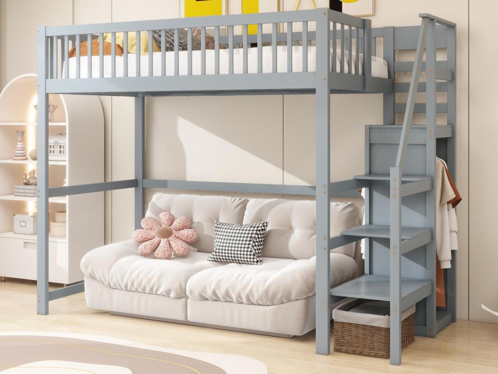 Wooden Loft Bed 90x200 Cm With Built In Wardrobe Gray Finish For Small Rooms And Modern Decor