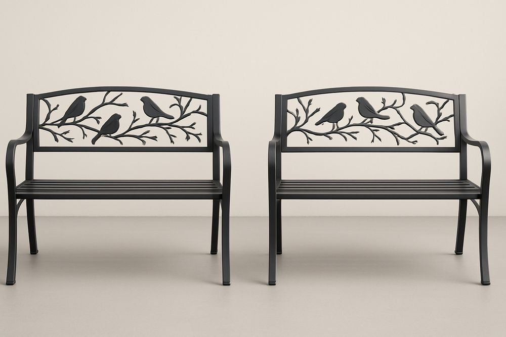 Black Metal Garden Bench With Bird Motifs, 127 cm Wide, Outdoor Patio Seating For Gardens