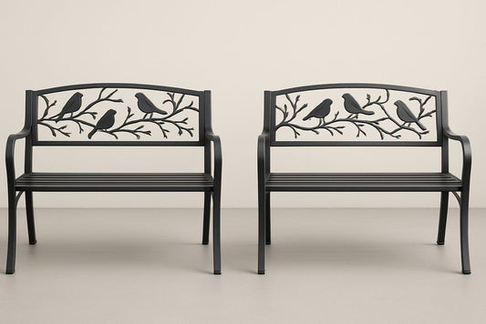 Black Metal Garden Bench With Bird Motifs, 127 cm Wide, Outdoor Patio Seating For Gardens