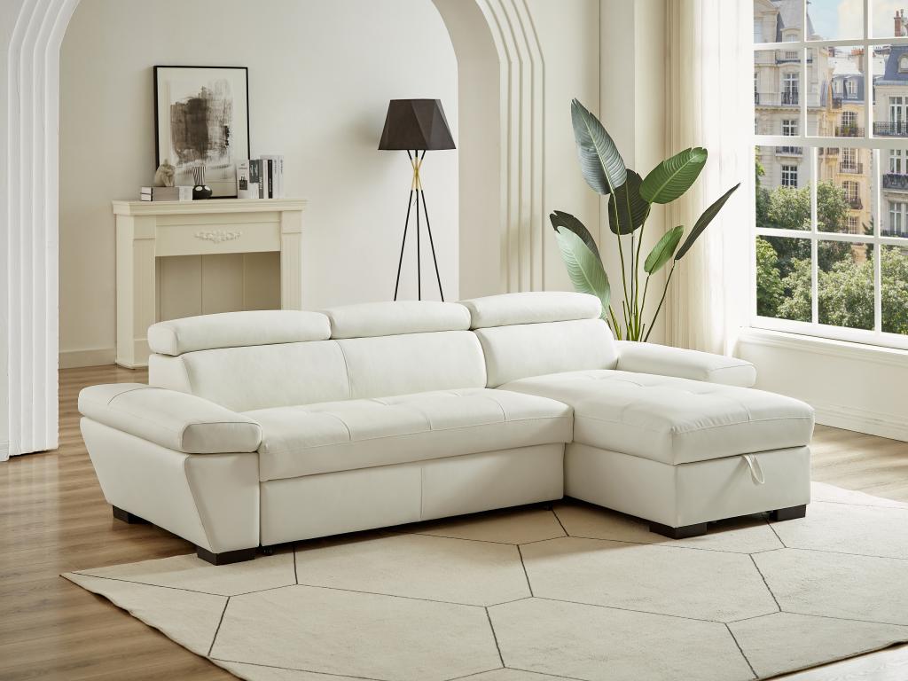 Zenmobilier Leather Convertible Corner Sofa Bed White With Storage And Cowhide Upholstery Right Angle