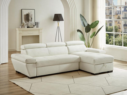 Zenmobilier Leather Convertible Corner Sofa Bed White With Storage And Cowhide Upholstery Right Angle