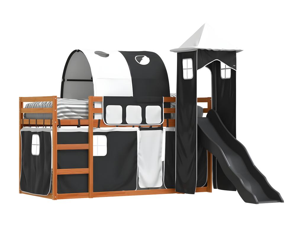 Loft Bed With Slide And Curtains White And Black 90x190 cm Wooden Frame For Kids Space Saving