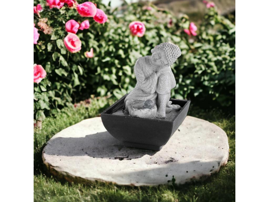 Mobiliazen Polyresin Seated Buddha Indoor Statue Gray Finish For Home Decor Fine Robe Detailing Serene Facial Expression