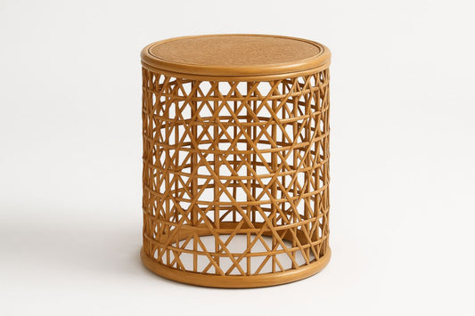 Rattan Round Side Table Natural Light Brown Finish, 40 Cm Diameter, 45 Cm High, Handwoven