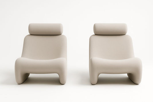 Set Of Two Chairs With Solid Wood Frame Beige Polyester Upholstery And Integrated Headrests