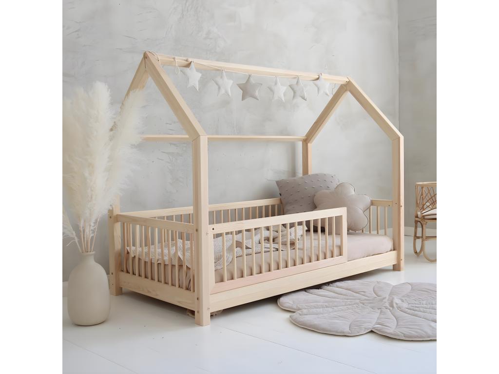 Florie Wood Cabin Bed 90x200 cm With Guard Rail Slatted Base Included 5 cm Legs For Small Rooms