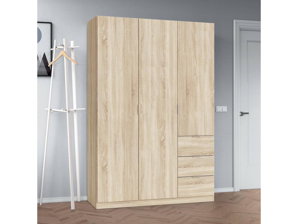 Homeolia Wardrobe 3 Doors 3 Drawers 3 Shelves Hanging Rod 135 WX 52 DX 200 H cm Oak Brown