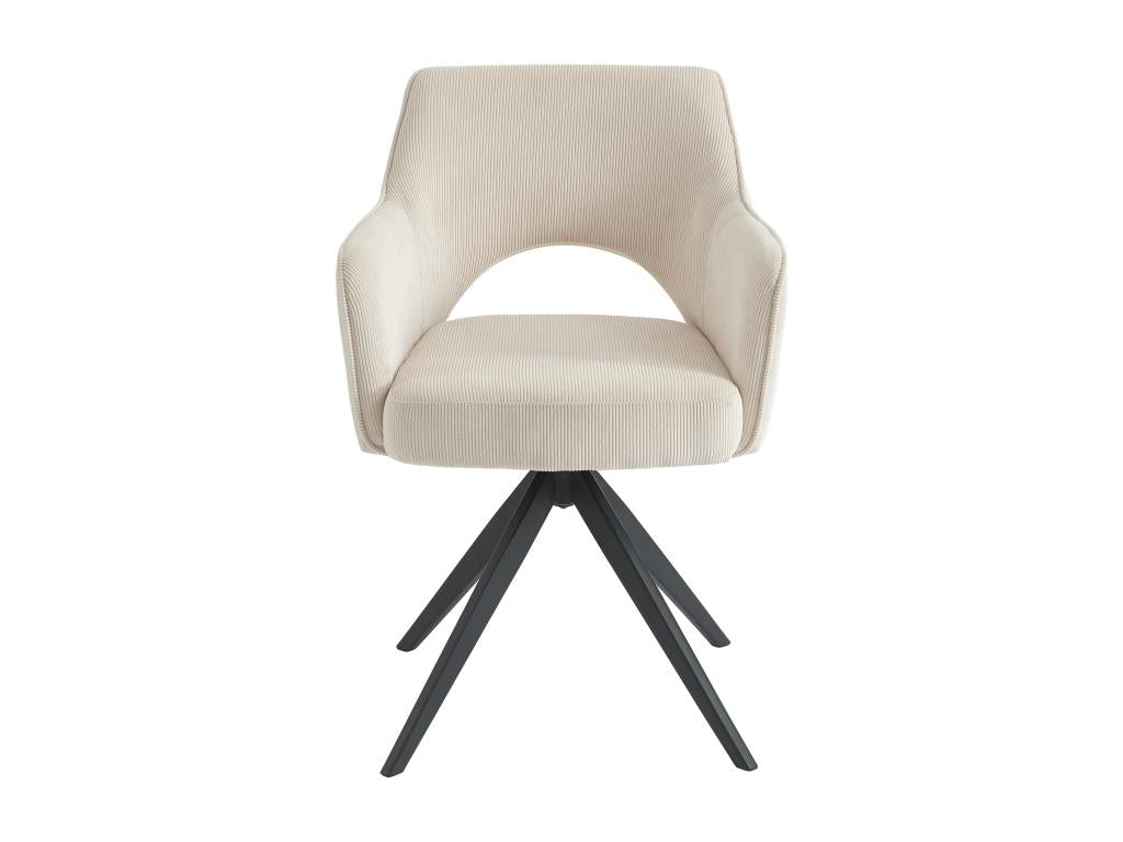 Set of Six Swivel Dining Chairs With Armrests in Cream Corduroy Velvet and Black Metal Base