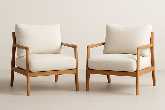 Set of 2 Solid Wood Armchairs With White Polyester Cushions